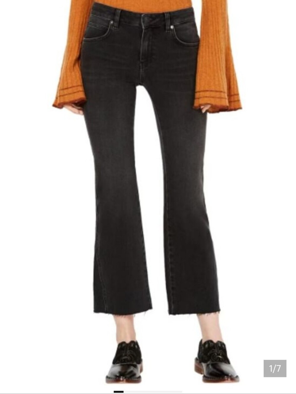 Free People Women 28 Black Stretch "Rita" Flare Frayed Hem Cropped Denim Jeans